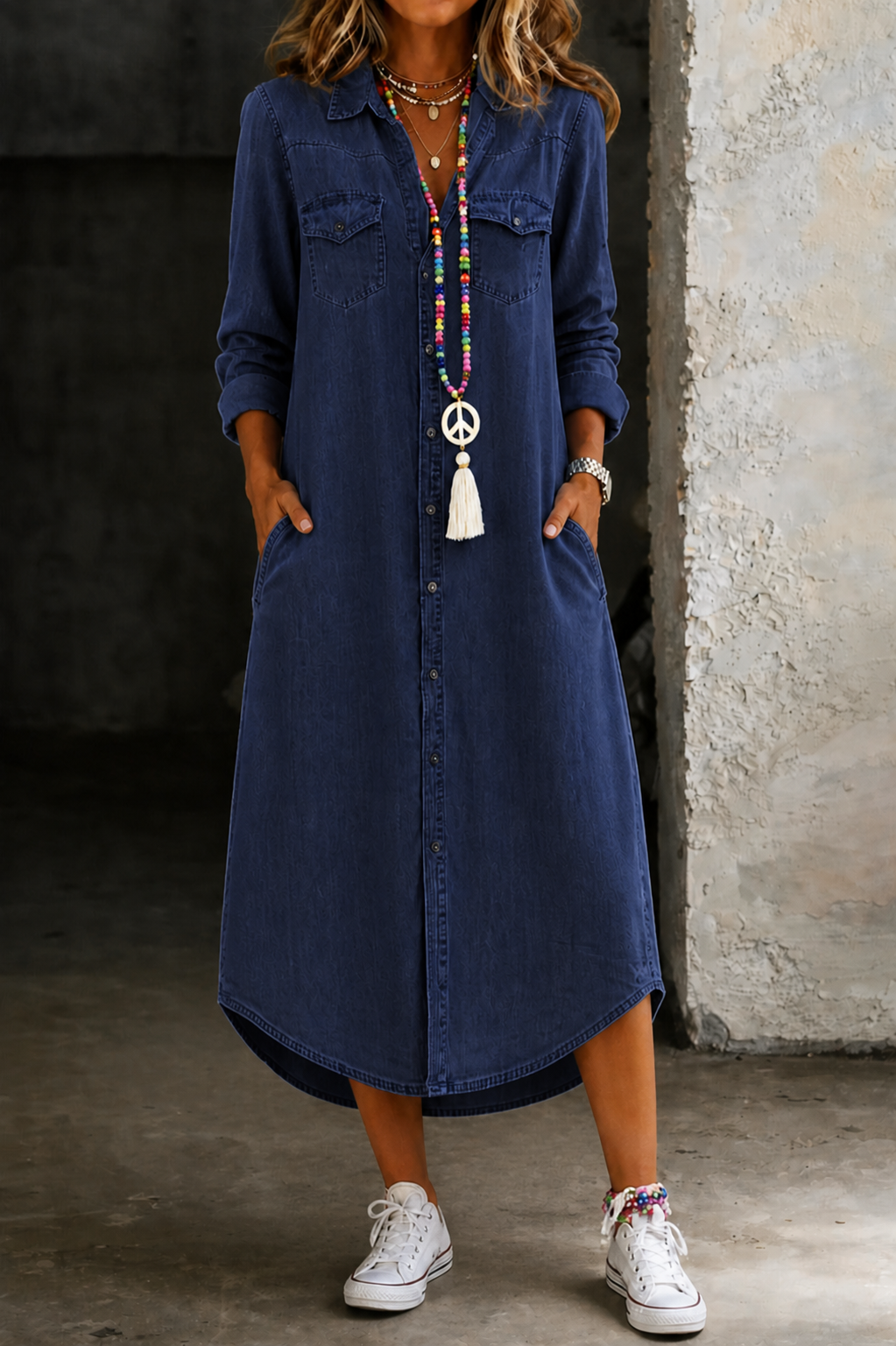 Helen | Casual Elegant Long Denim-Look Shirt Dress