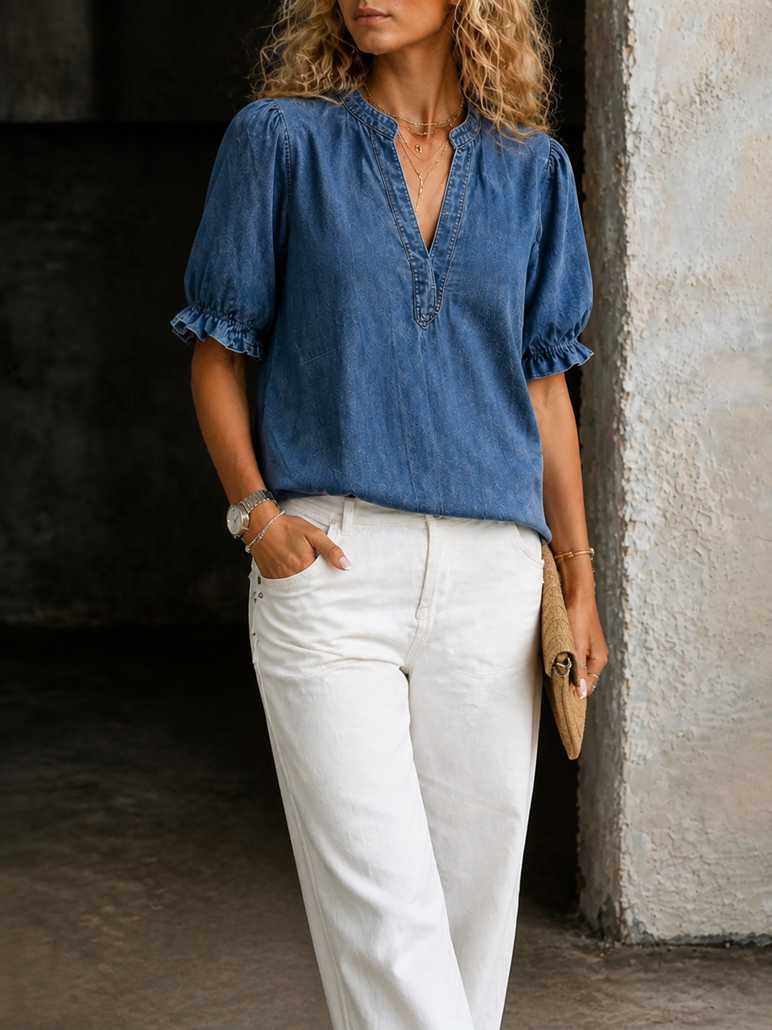 Ashley | Vintage V-Neck Denim-Look Essential
