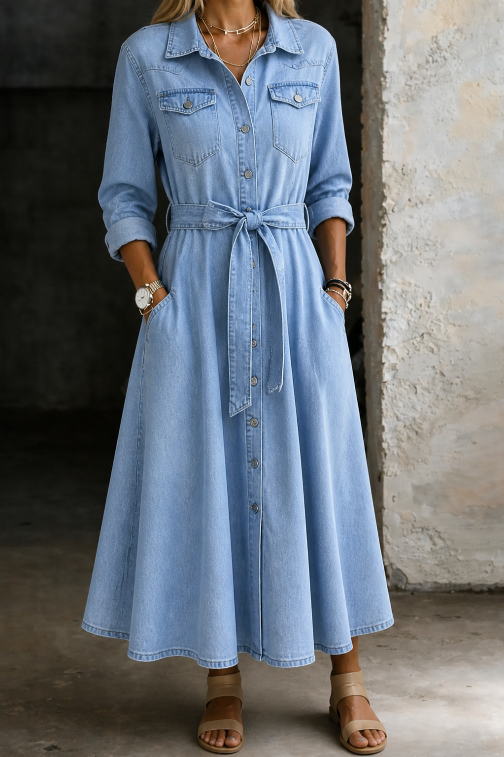Luna | Long Sleeve Denim-Look Dress