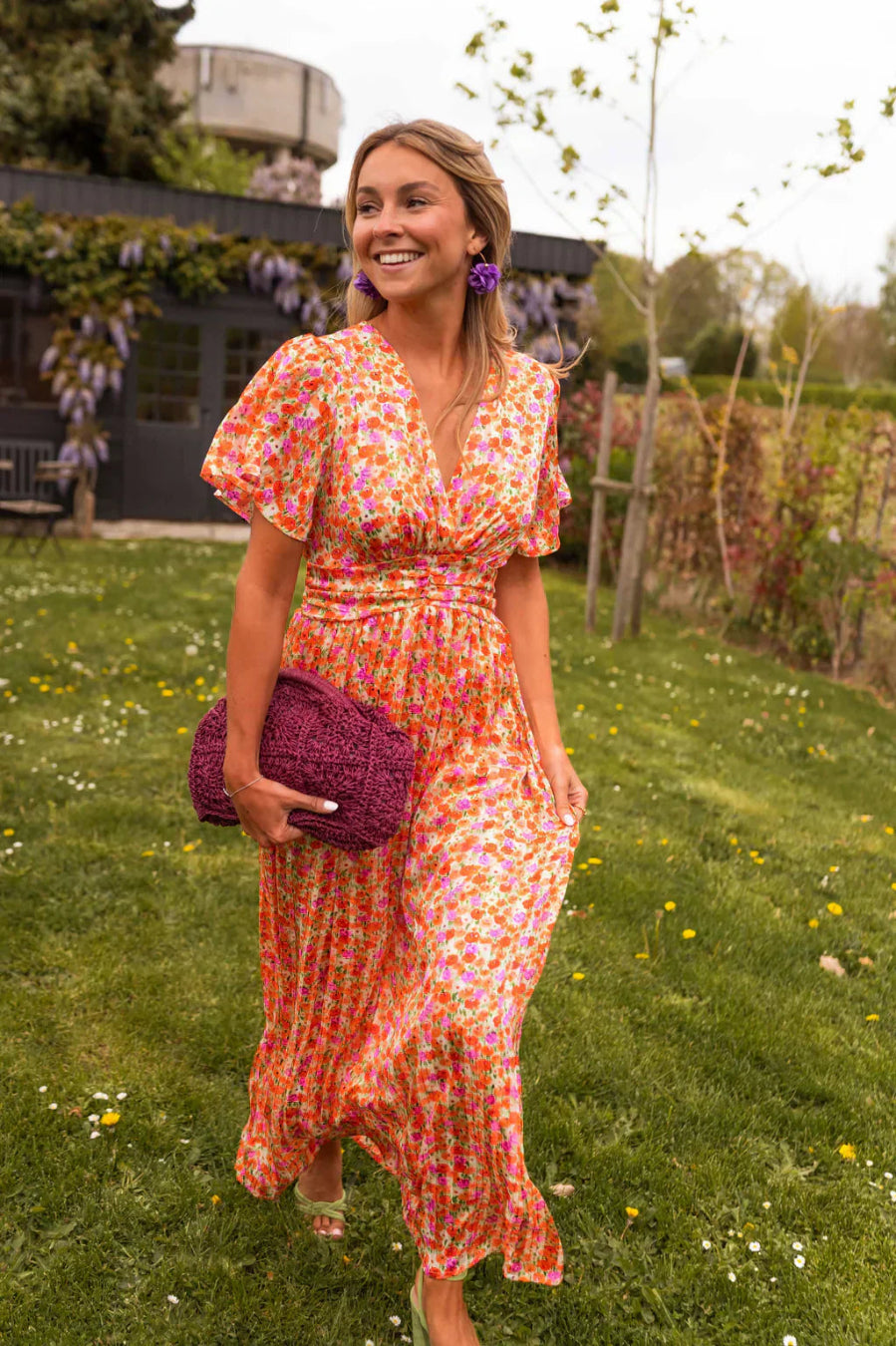 Tova | Women's V-Neck Floral Short Sleeve Maxi Dress