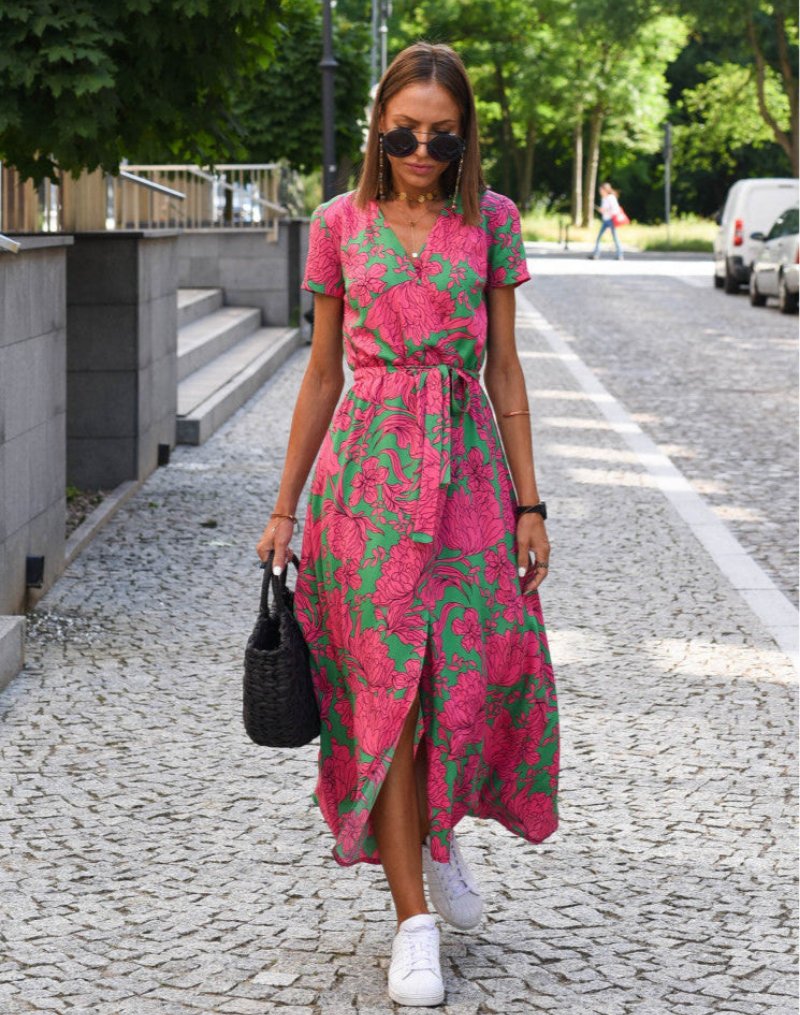 Phoebe | Women's Floral Wrap V-Neck Tie-Waist Midi Dress