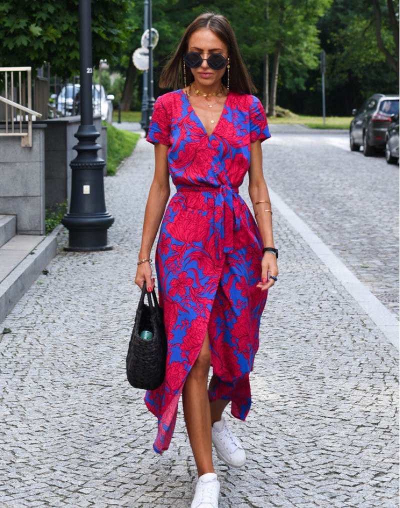 Phoebe | Women's Floral Wrap V-Neck Tie-Waist Midi Dress