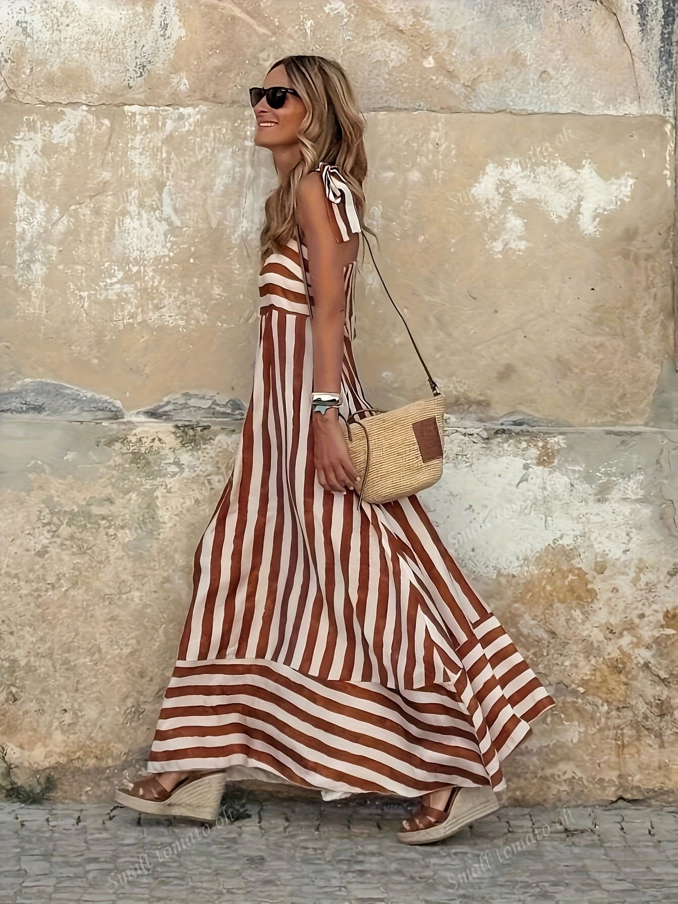 Olivia | Women's Striped Tie-Strap Flared Maxi Dress