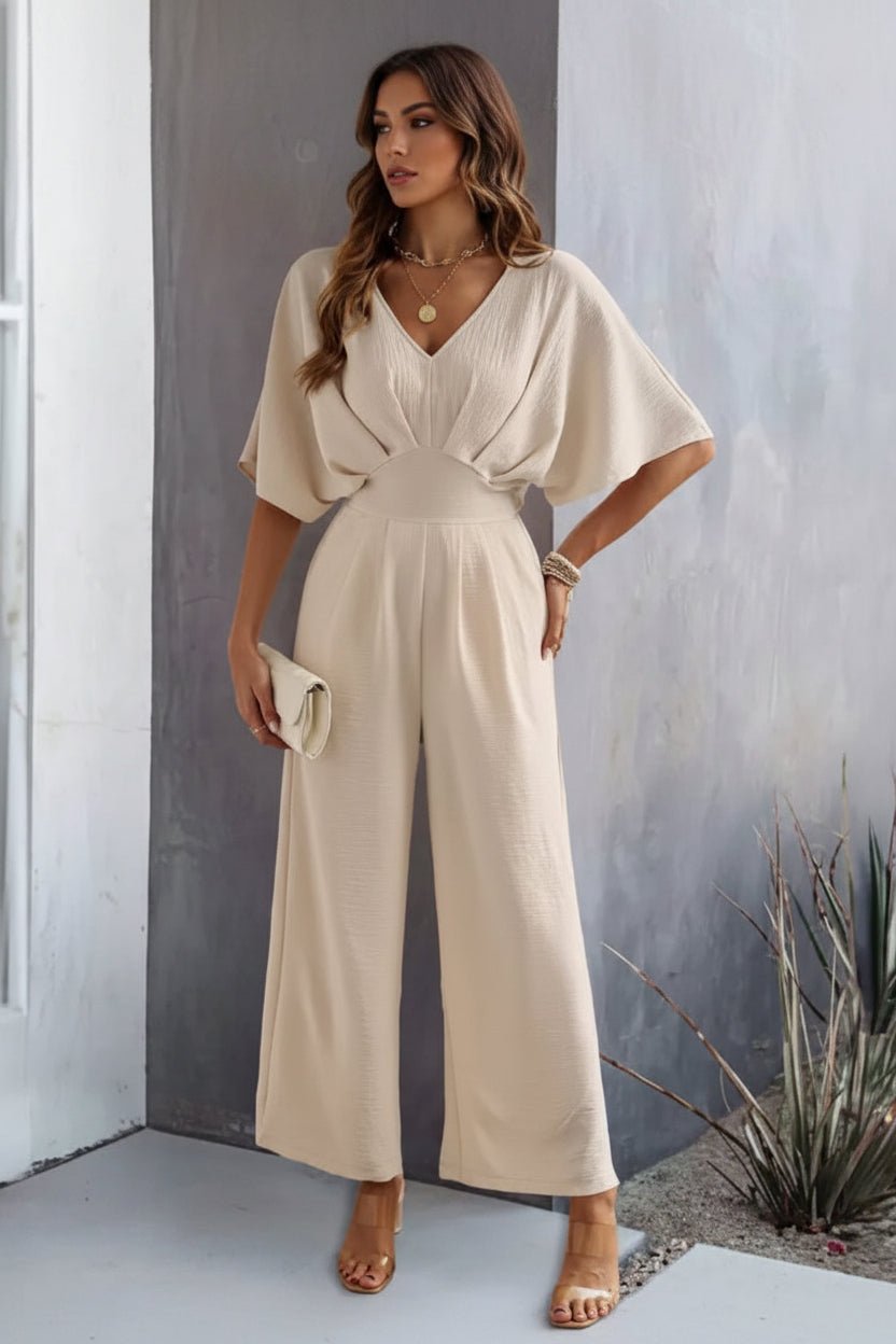 Olivia | Women's Wide-Leg Batwing-Sleeve Cinched-Waist V-Neck Jumpsuit