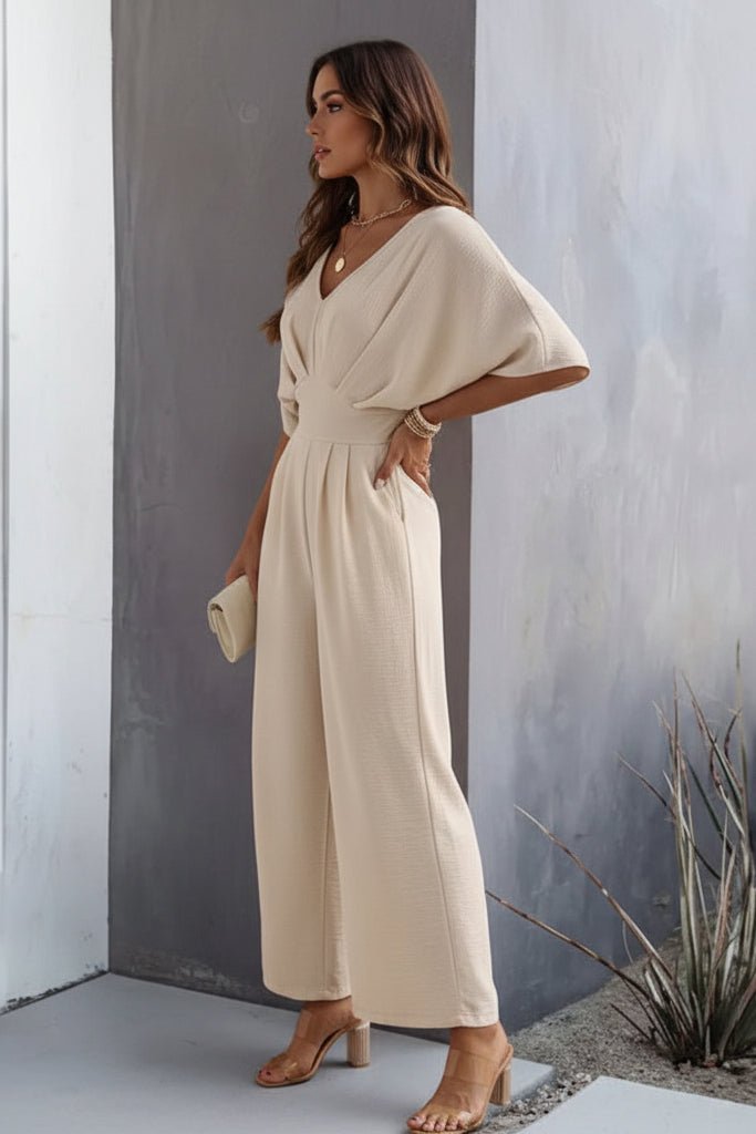 Olivia | Women's Wide-Leg Batwing-Sleeve Cinched-Waist V-Neck Jumpsuit
