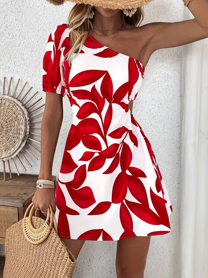 Celia | One-Shoulder Leaf Print Dress