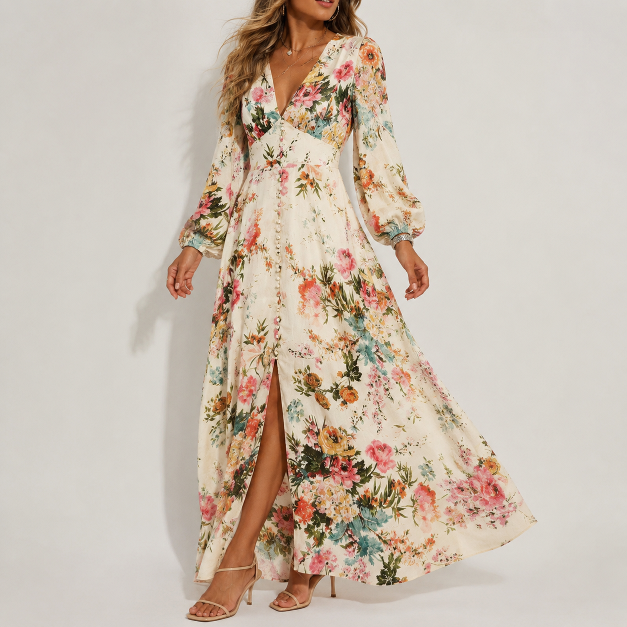 Calla | Women's Floral Print V-Neck Long Sleeve Maxi Dress