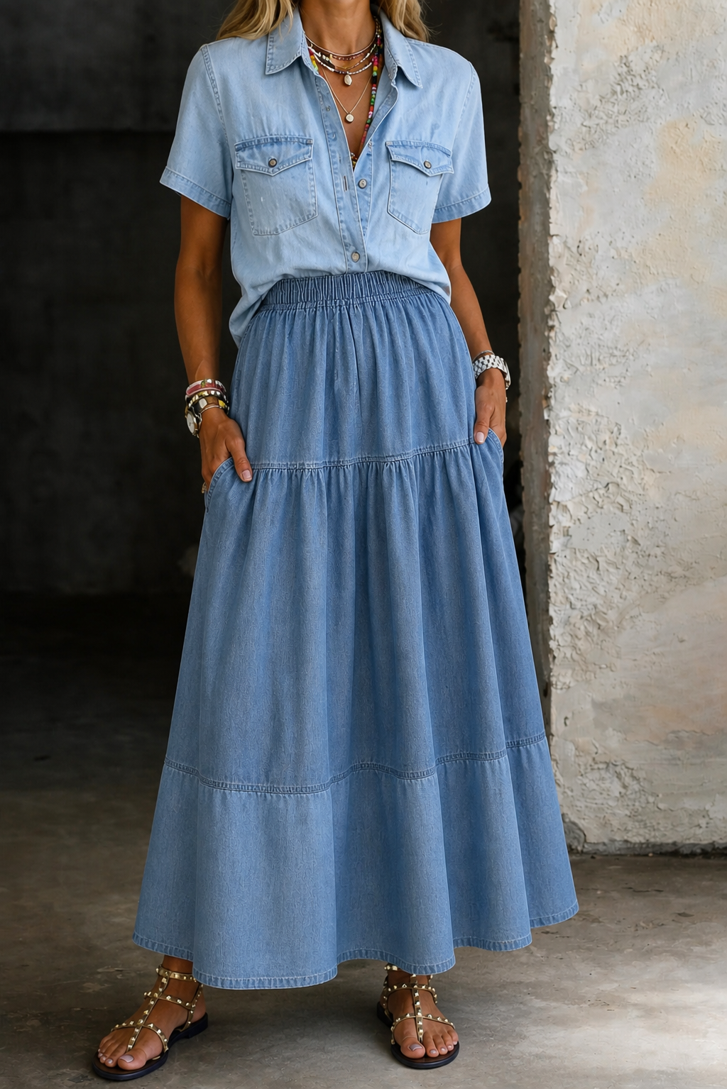 Sarah | Elastic Waist Denim-Look Skirt