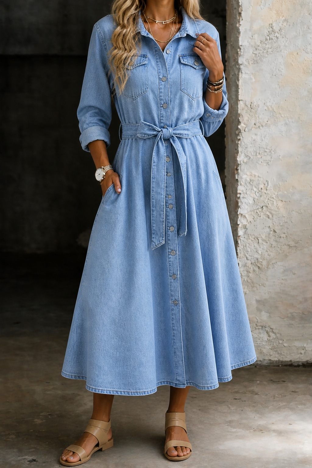 Luna | Long Sleeve Denim-Look Dress