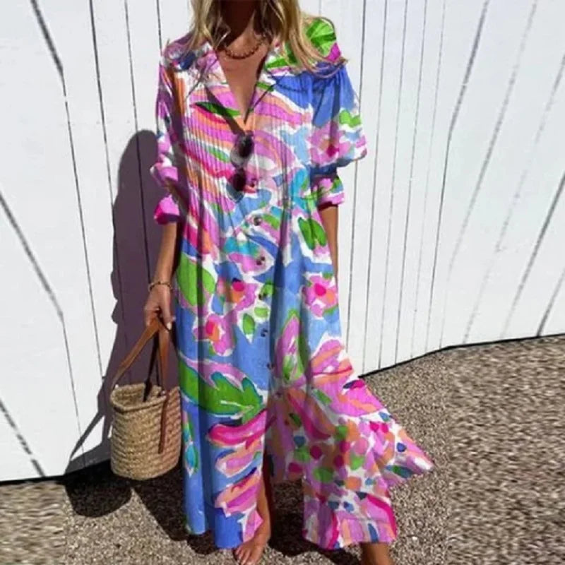 Lila Printed Button-Down Maxi Dress