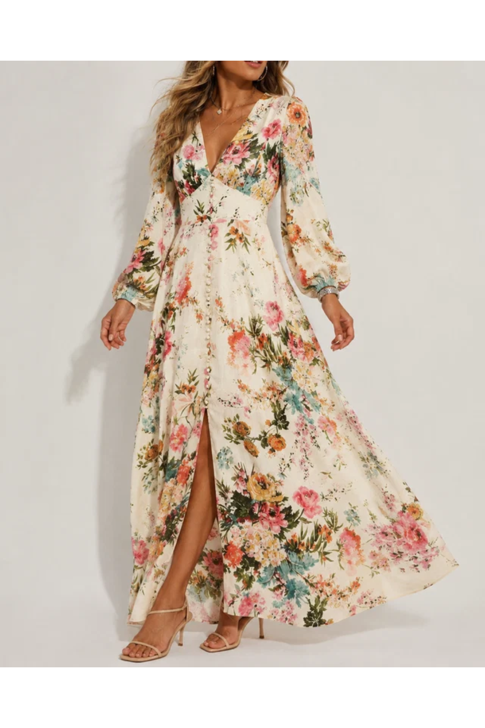 Calla | Women's Floral Print V-Neck Long Sleeve Maxi Dress