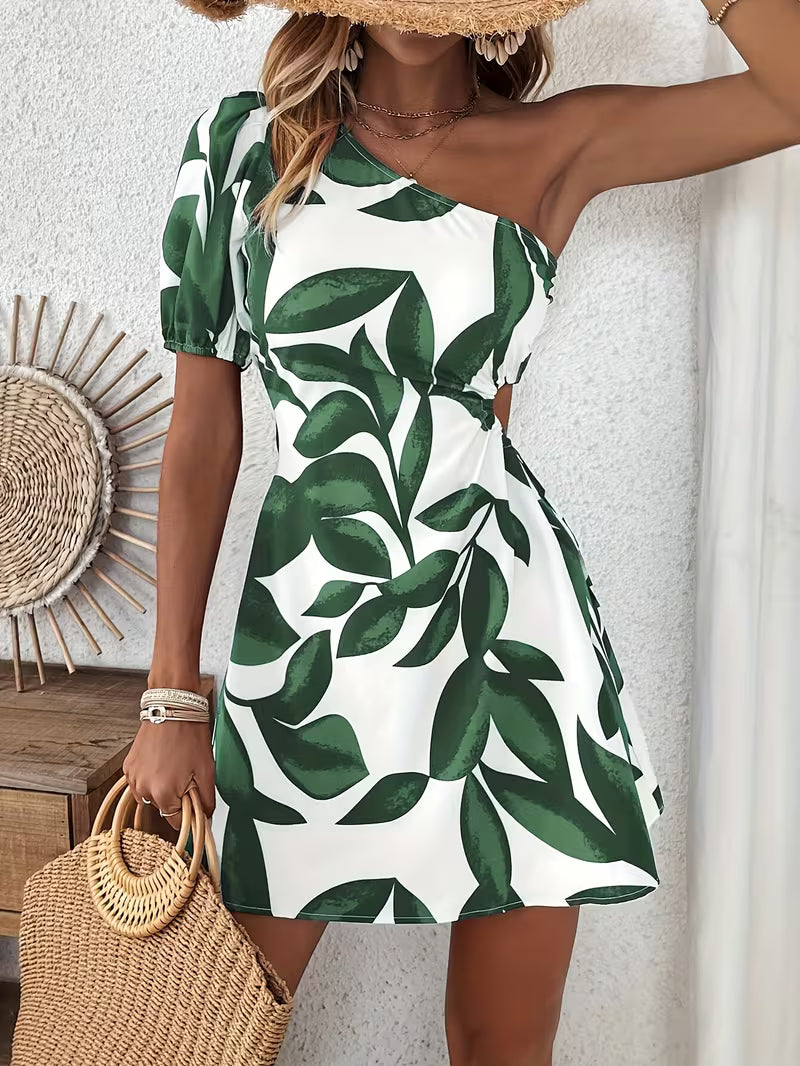 Celia | One-Shoulder Leaf Print Dress
