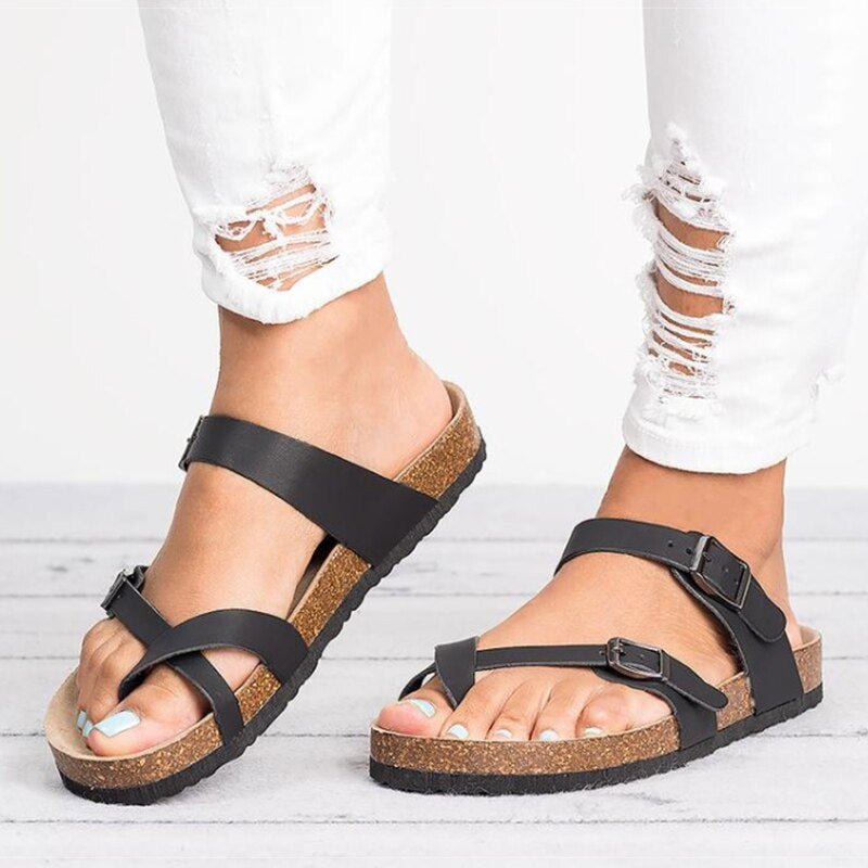 Rosie | Women's Cork Sole Toe-Loop Buckle Flat Sandals